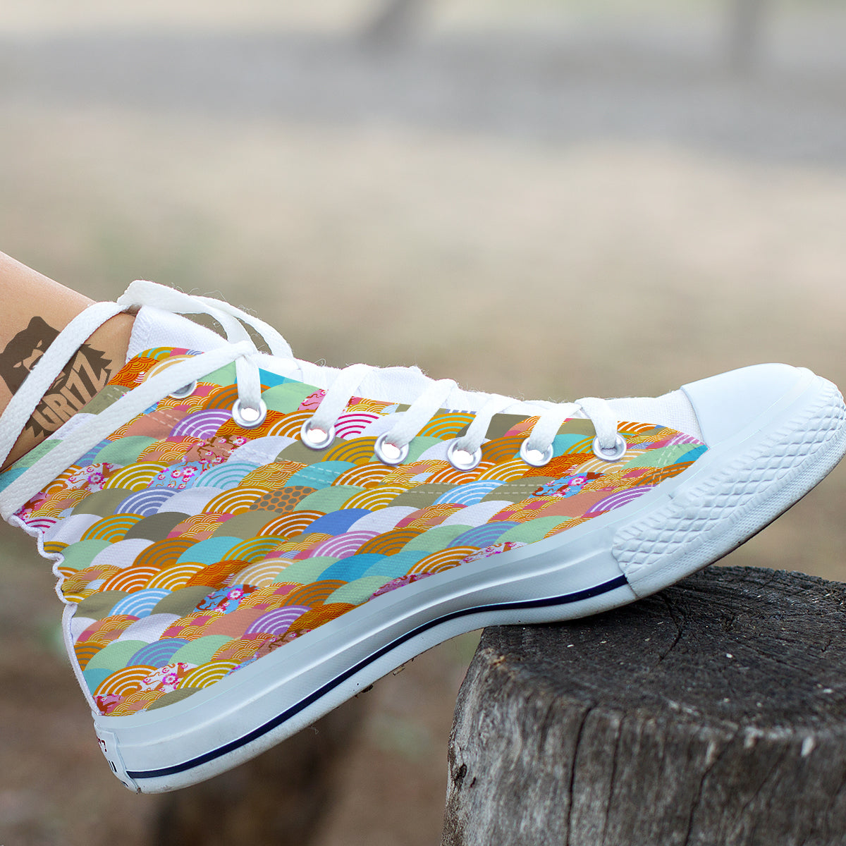 Wave Japanese Flower Colorful Print Pattern White High Top Shoes-grizzshop
