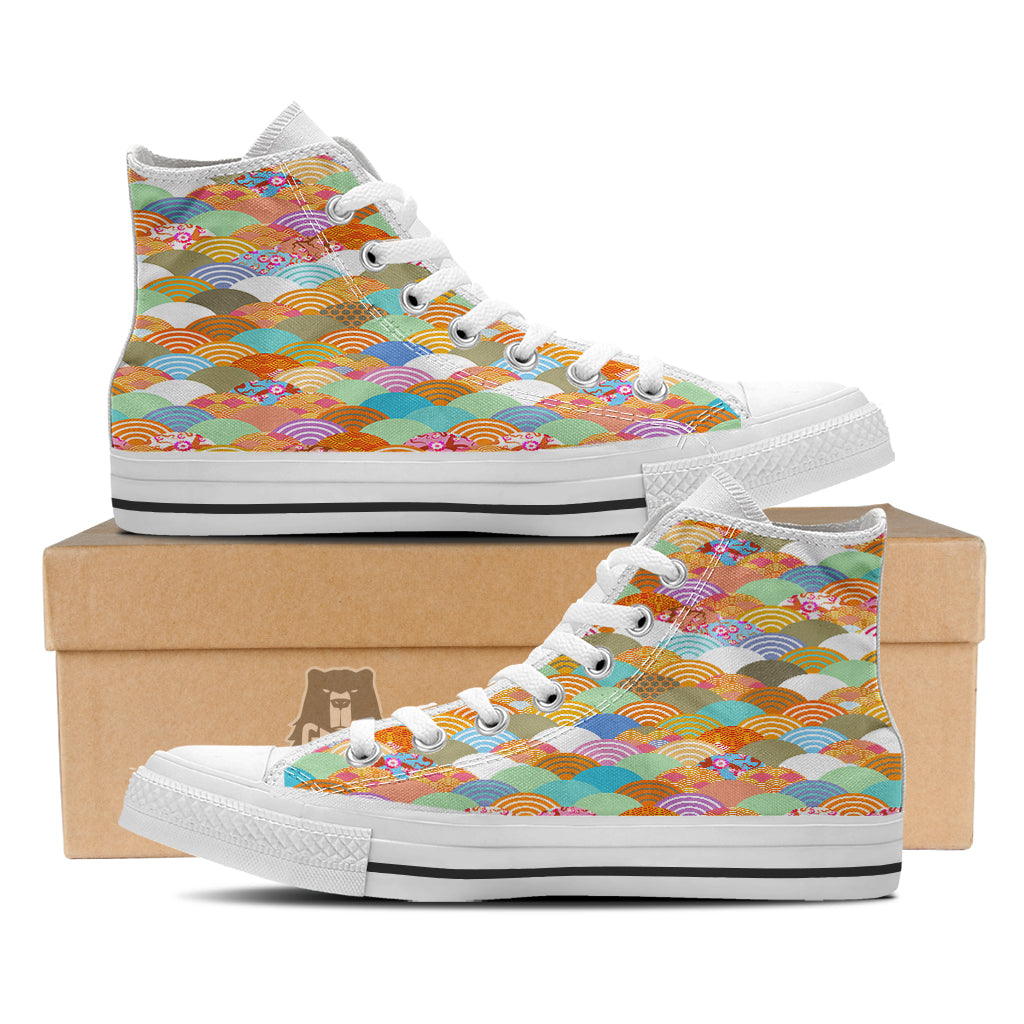Wave Japanese Flower Colorful Print Pattern White High Top Shoes-grizzshop