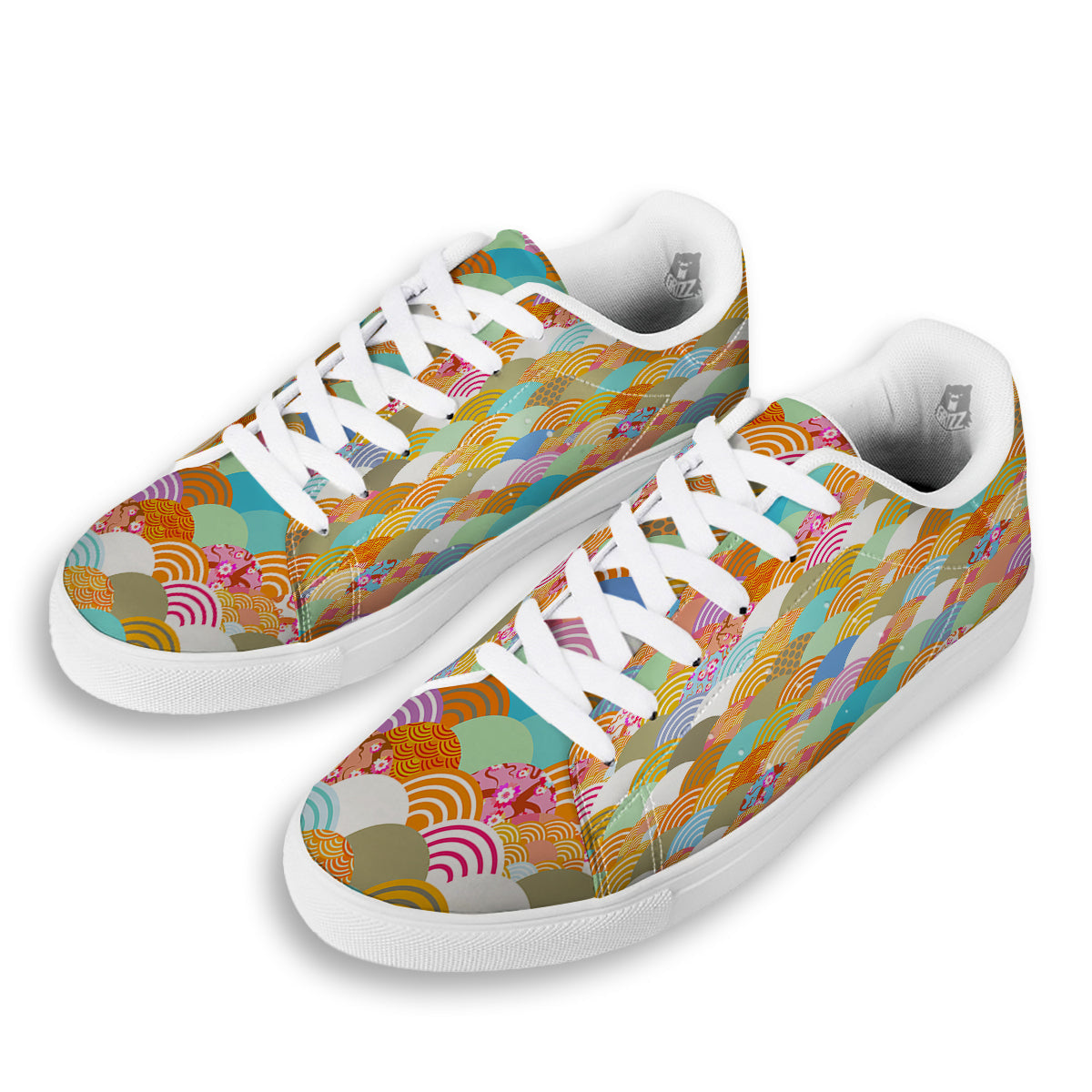 Wave Japanese Flower Colorful Print Pattern White Low Top Sneakers-grizzshop