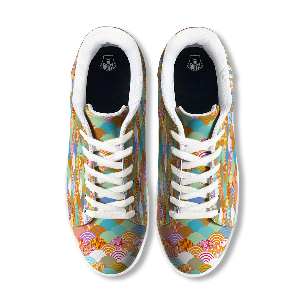 Wave Japanese Flower Colorful Print Pattern White Low Top Sneakers-grizzshop