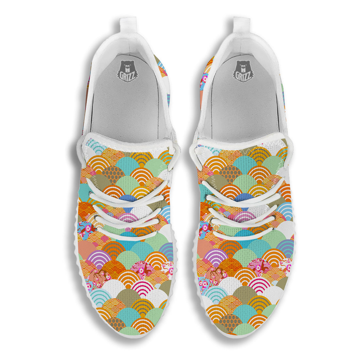 Wave Japanese Flower Colorful Print Pattern White Walking Shoes-grizzshop