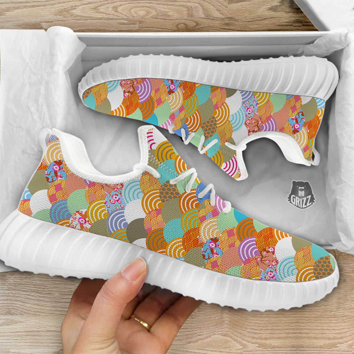 Wave Japanese Flower Colorful Print Pattern White Walking Shoes-grizzshop