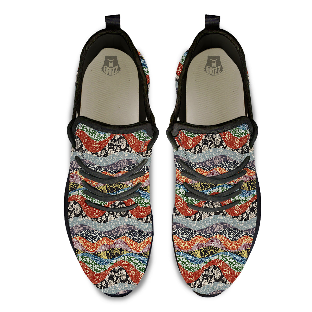 Wave Japanese Patchwork Print Pattern Black Athletic Shoes-grizzshop