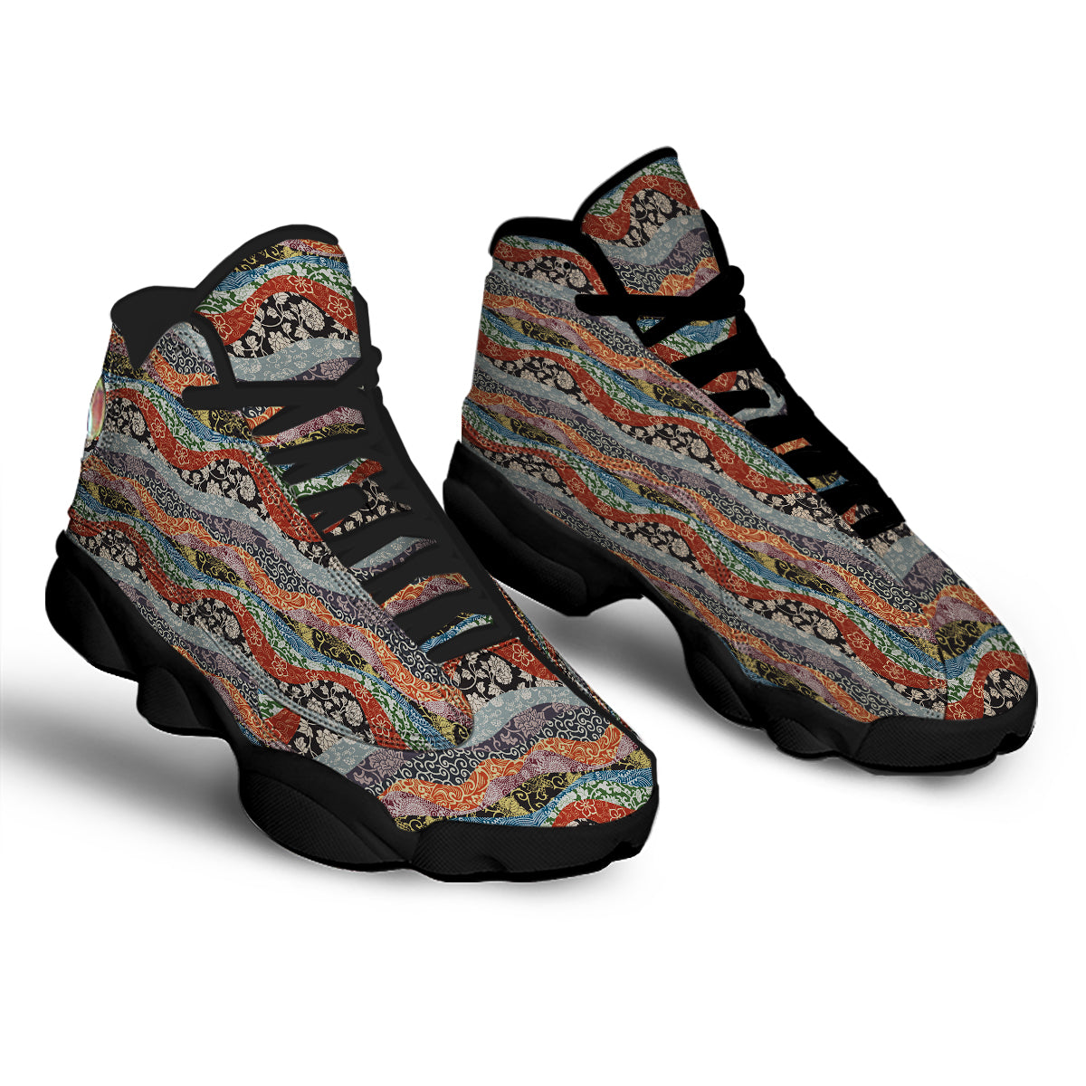 Wave Japanese Patchwork Print Pattern Black Basketball Shoes-grizzshop