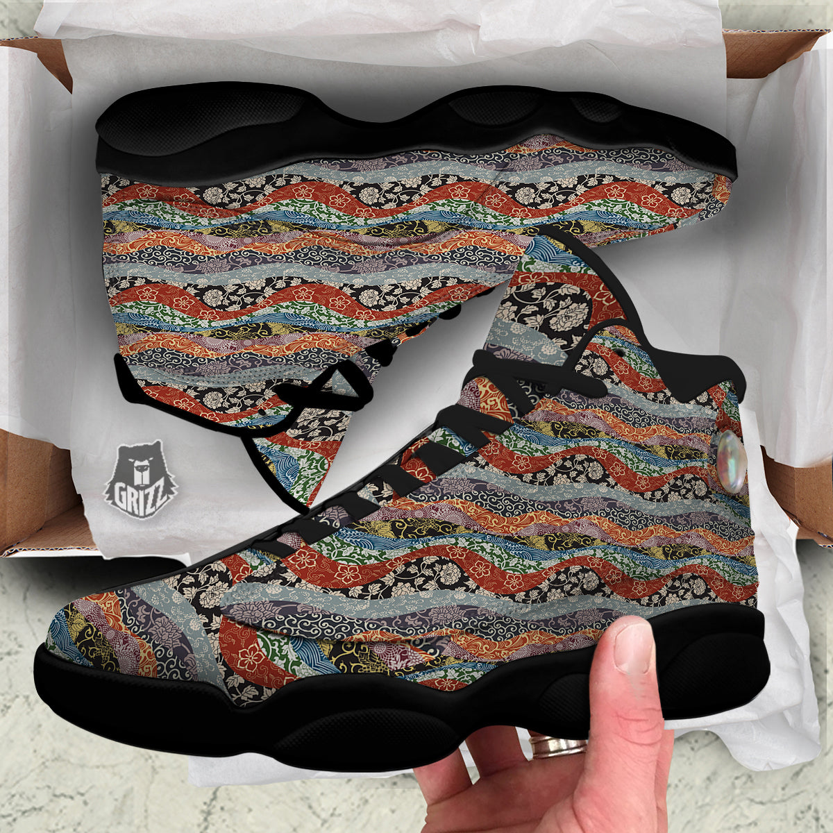 Wave Japanese Patchwork Print Pattern Black Basketball Shoes-grizzshop