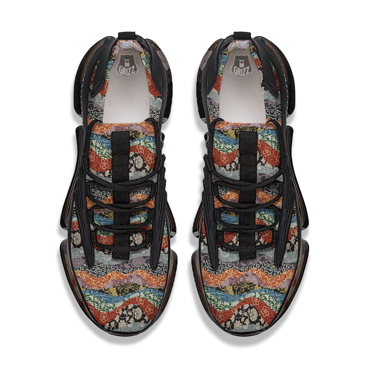 Wave Japanese Patchwork Print Pattern Black Gym Shoes-grizzshop