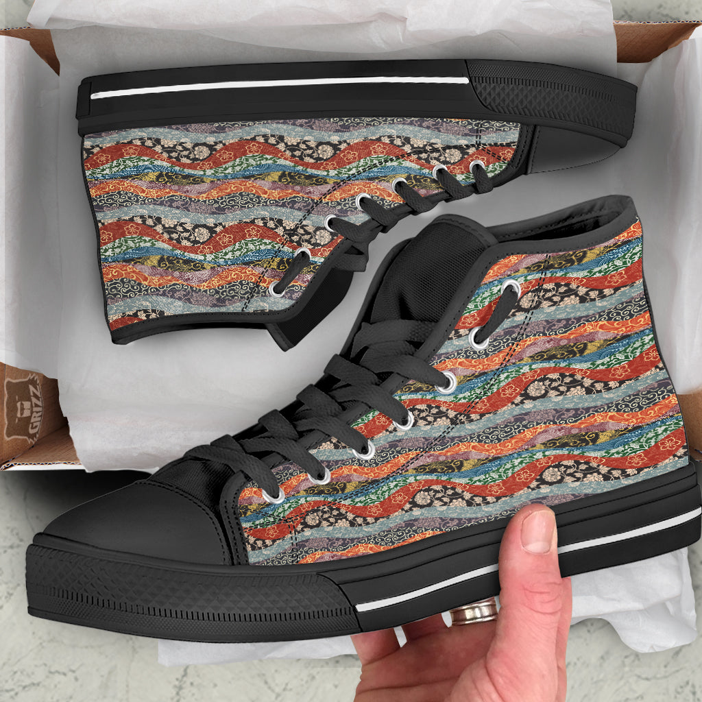 Wave Japanese Patchwork Print Pattern Black High Top Shoes-grizzshop