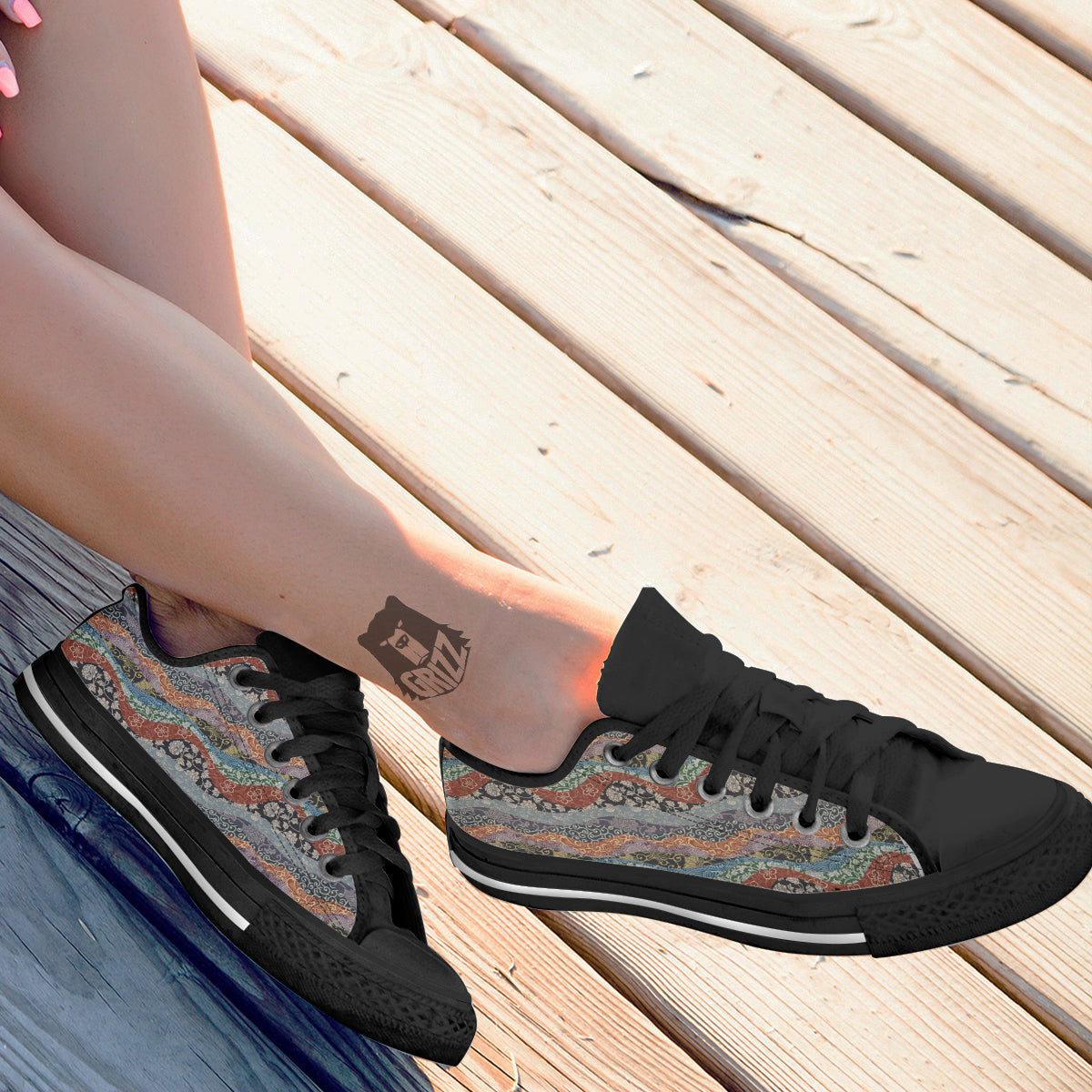 Wave Japanese Patchwork Print Pattern Black Low Top Shoes-grizzshop