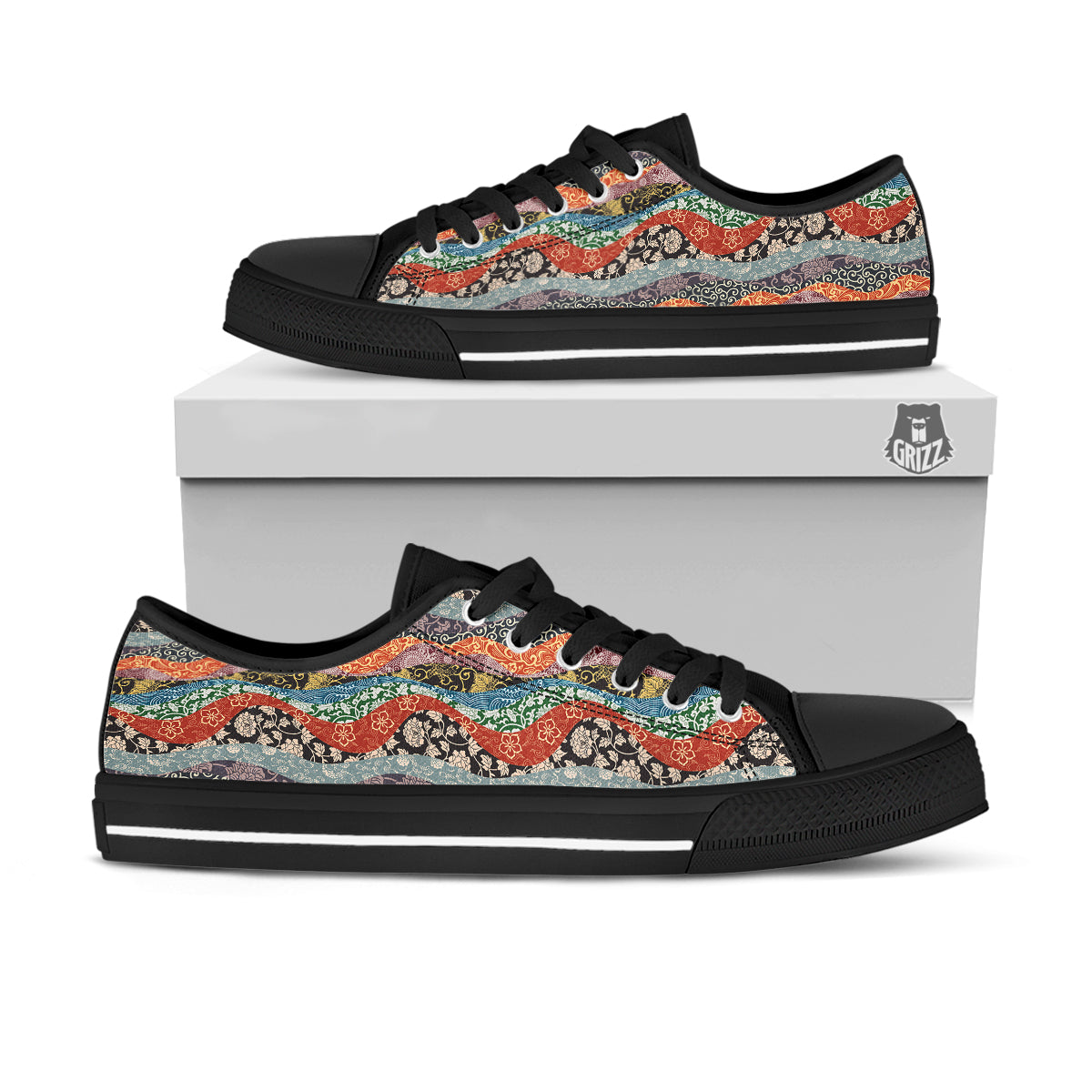 Wave Japanese Patchwork Print Pattern Black Low Top Shoes-grizzshop