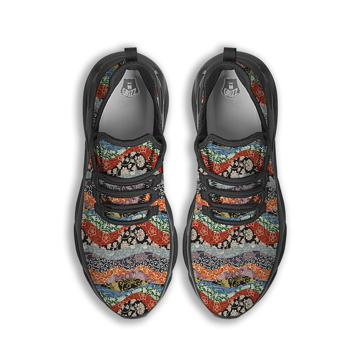 Wave Japanese Patchwork Print Pattern Black Running Shoes-grizzshop