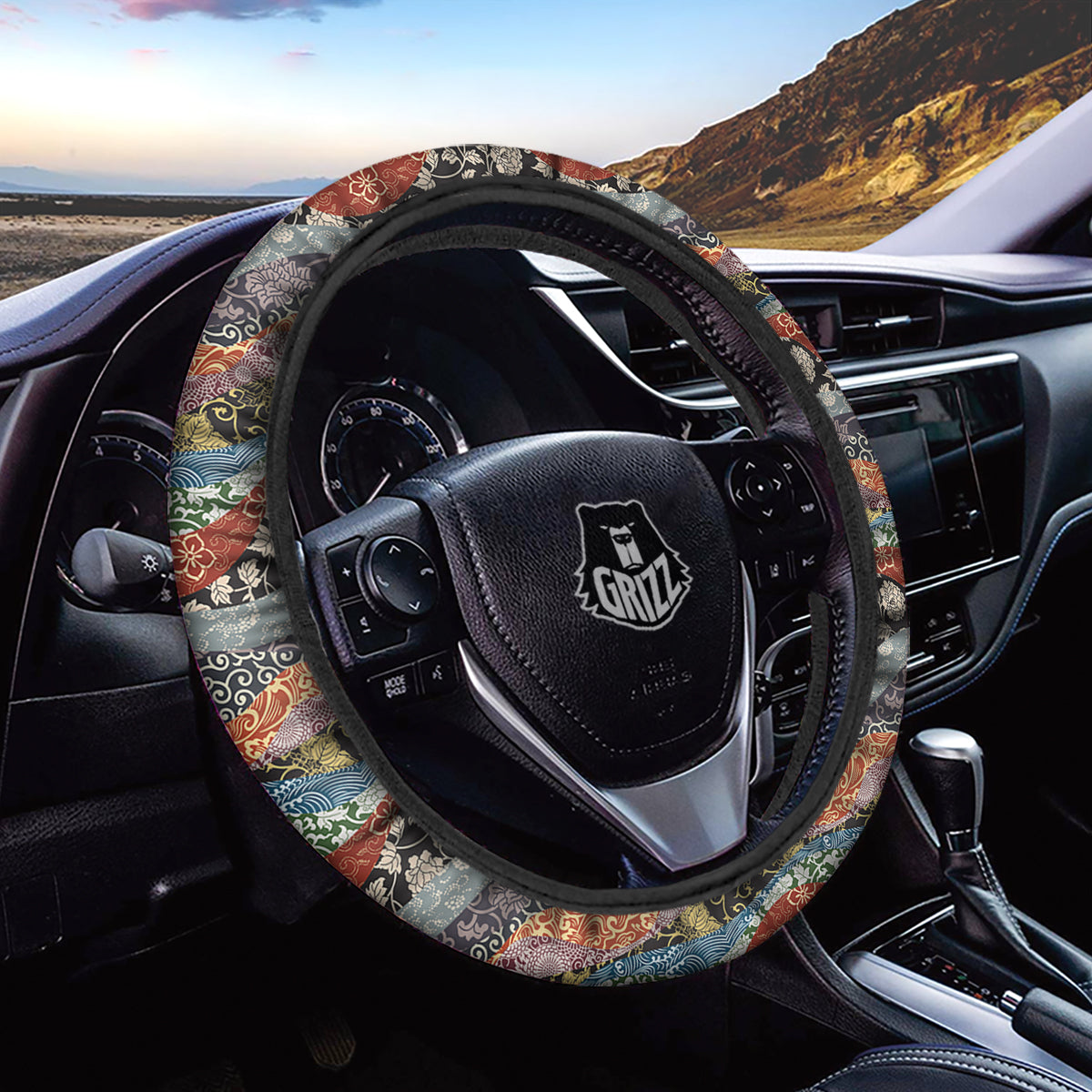 Wave Japanese Patchwork Print Pattern Car Steering Wheel Cover-grizzshop