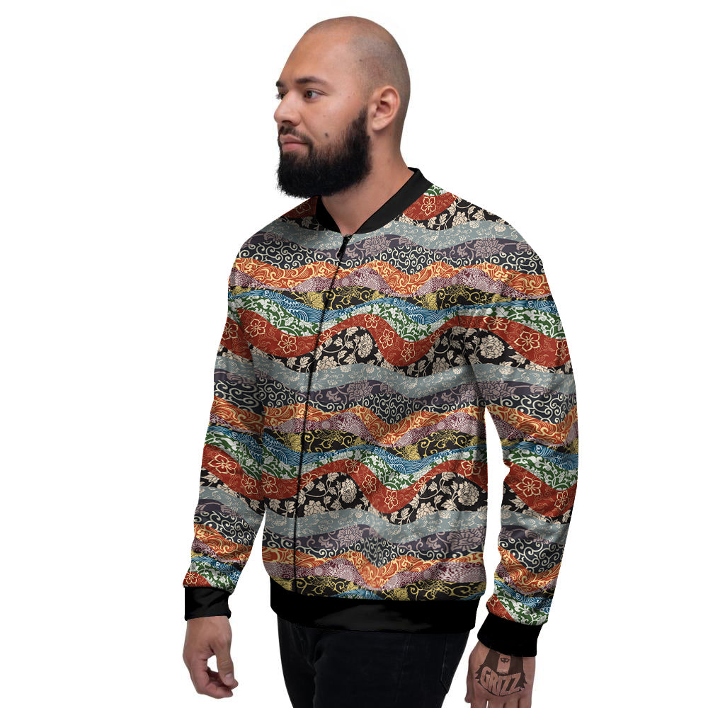 Wave Japanese Patchwork Print Pattern Men's Bomber Jacket-grizzshop