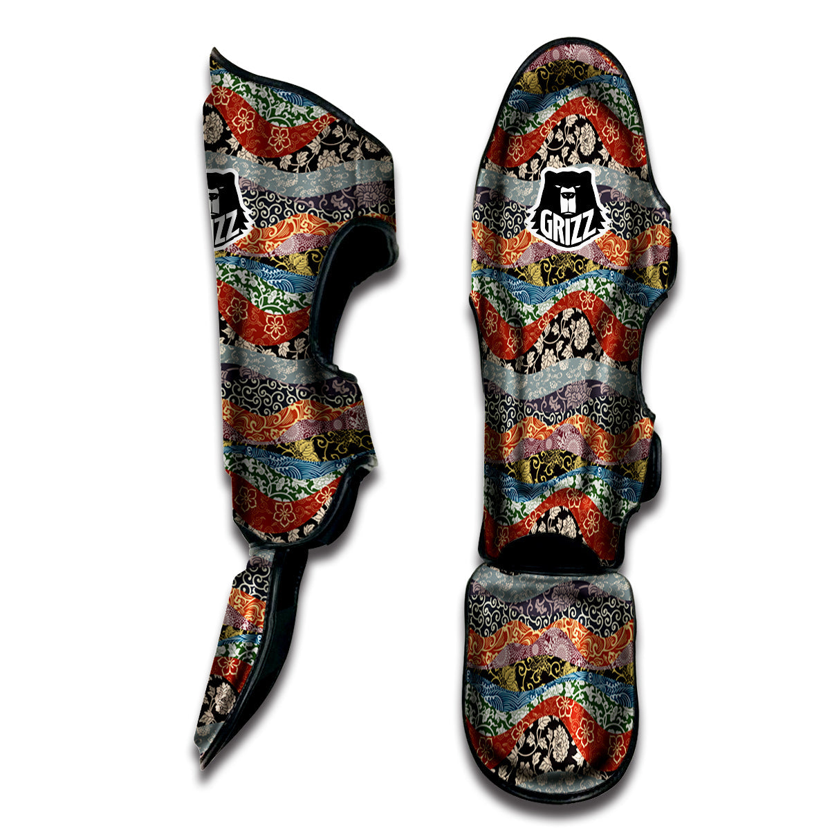 Wave Japanese Patchwork Print Pattern Muay Thai Shin Guards-grizzshop