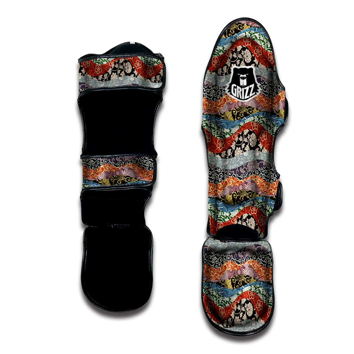 Wave Japanese Patchwork Print Pattern Muay Thai Shin Guards-grizzshop