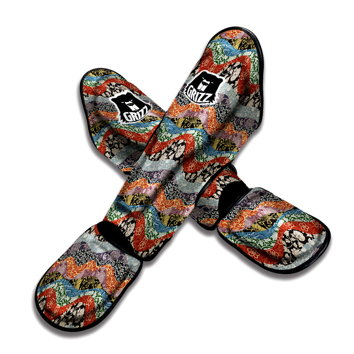 Wave Japanese Patchwork Print Pattern Muay Thai Shin Guards-grizzshop