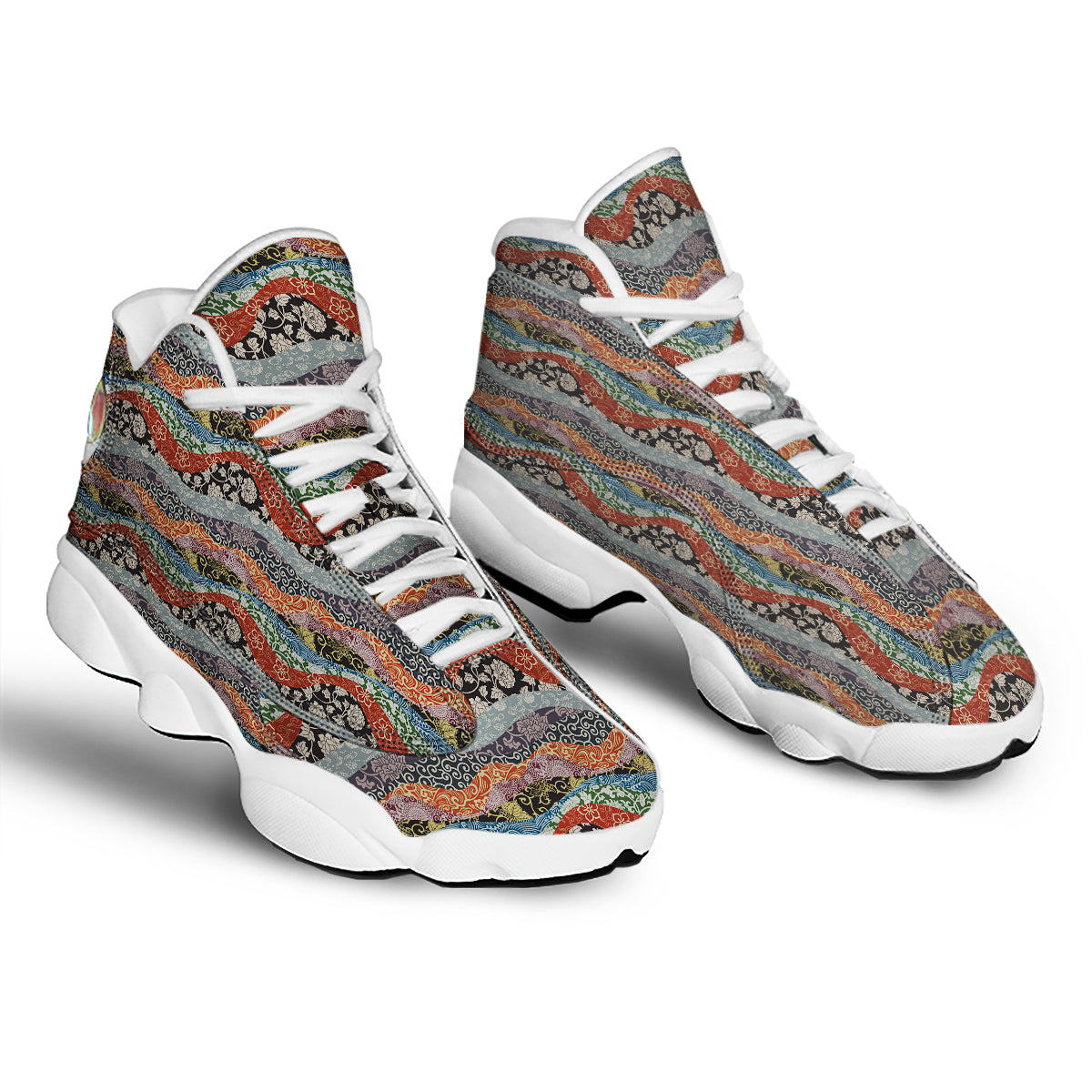 Wave Japanese Patchwork Print Pattern White Basketball Shoes-grizzshop