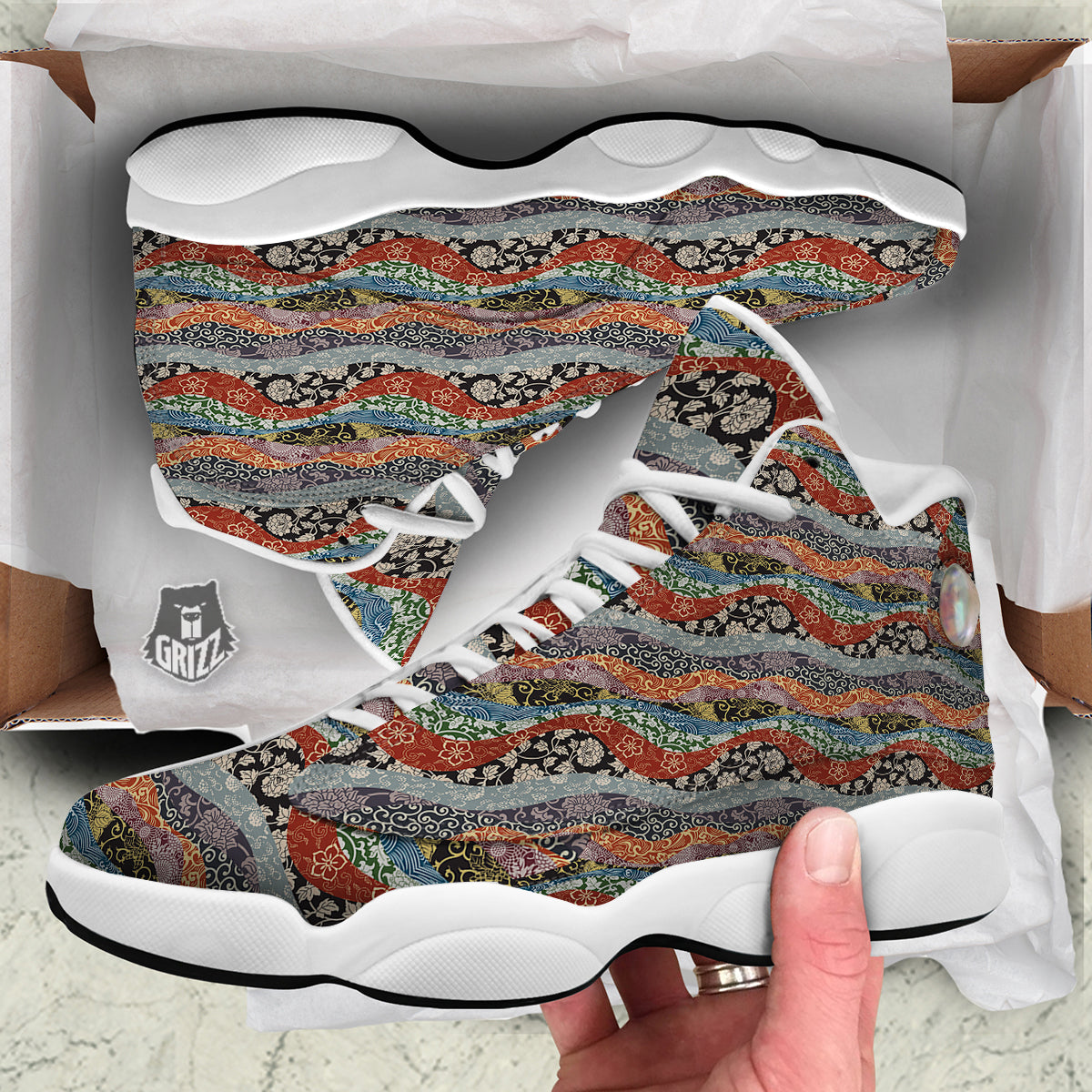 Wave Japanese Patchwork Print Pattern White Basketball Shoes-grizzshop