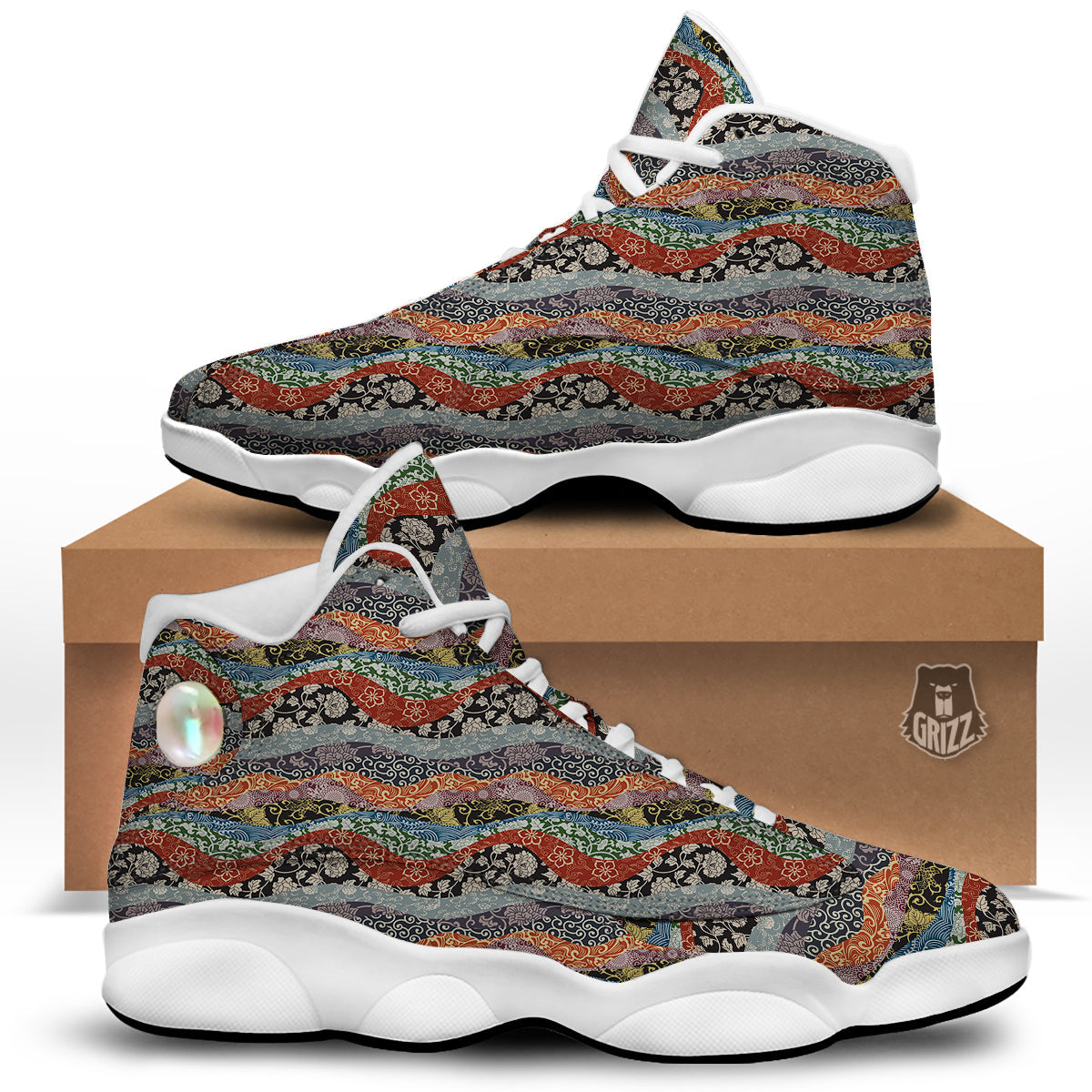 Wave Japanese Patchwork Print Pattern White Basketball Shoes-grizzshop