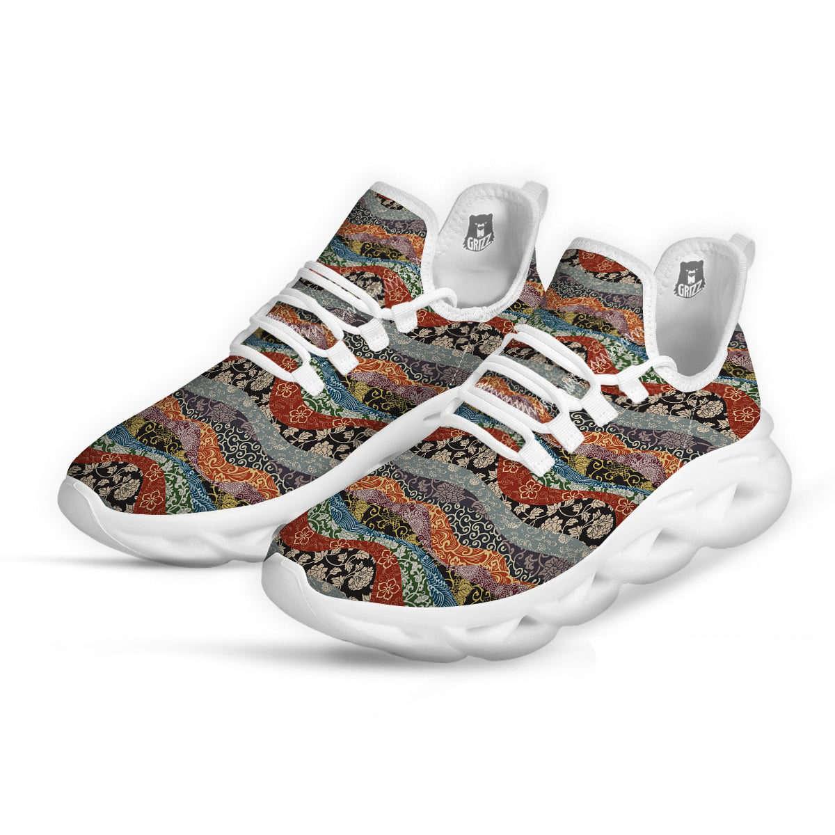 Wave Japanese Patchwork Print Pattern White Running Shoes-grizzshop