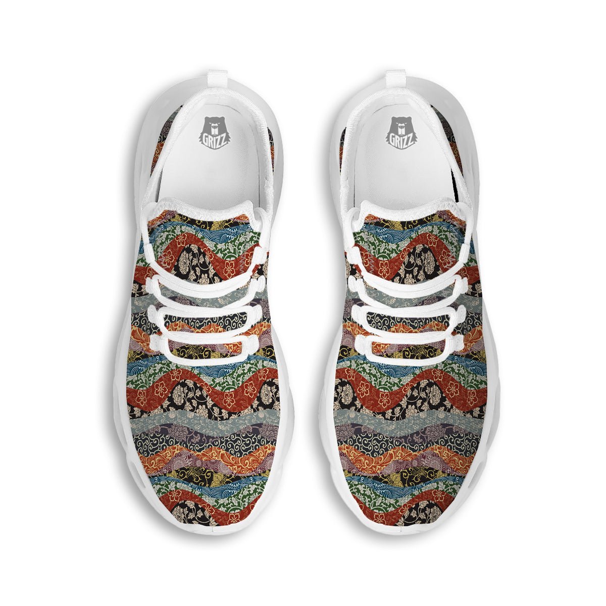 Wave Japanese Patchwork Print Pattern White Running Shoes-grizzshop