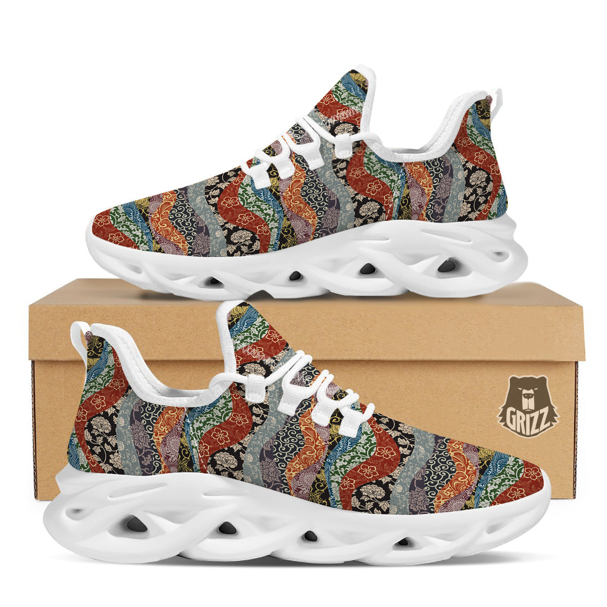 Wave Japanese Patchwork Print Pattern White Running Shoes-grizzshop