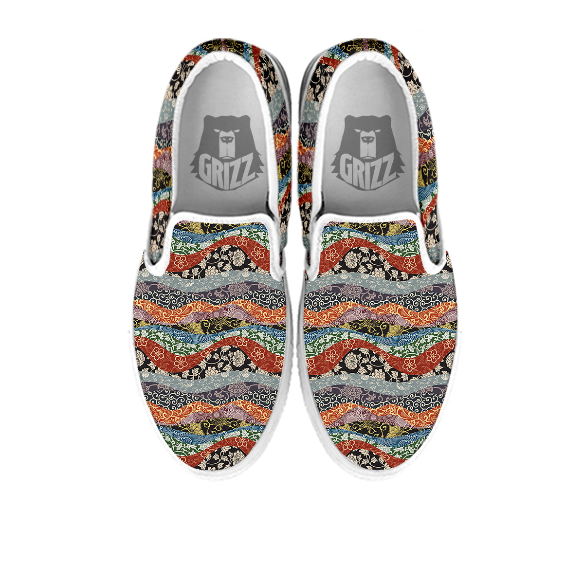Wave Japanese Patchwork Print Pattern White Slip On Shoes-grizzshop
