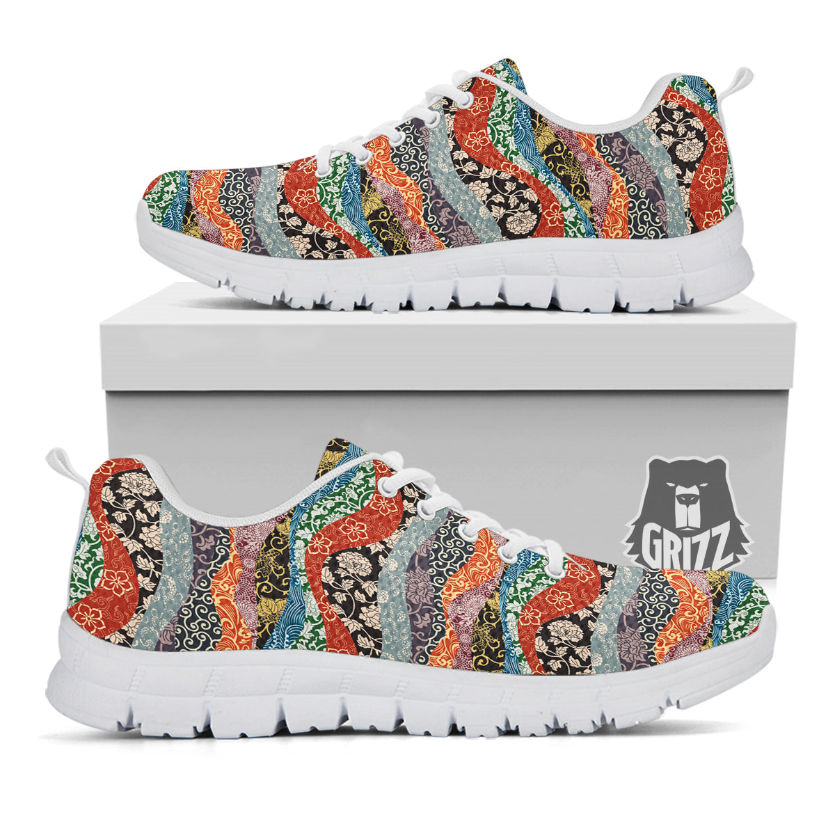 Wave Japanese Patchwork Print Pattern White Sneaker-grizzshop