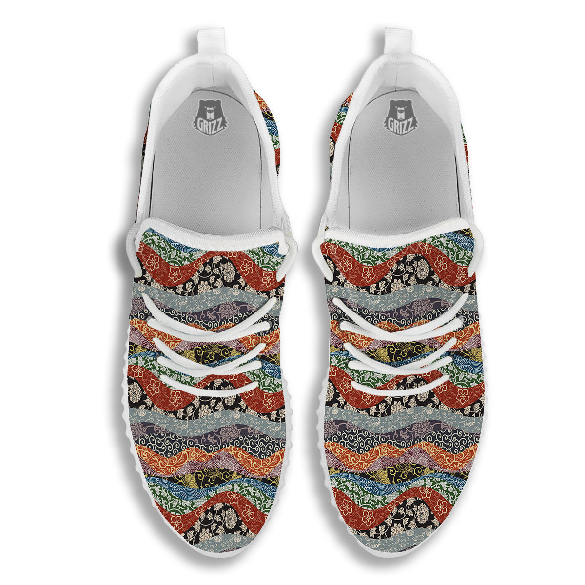 Wave Japanese Patchwork Print Pattern White Walking Shoes-grizzshop
