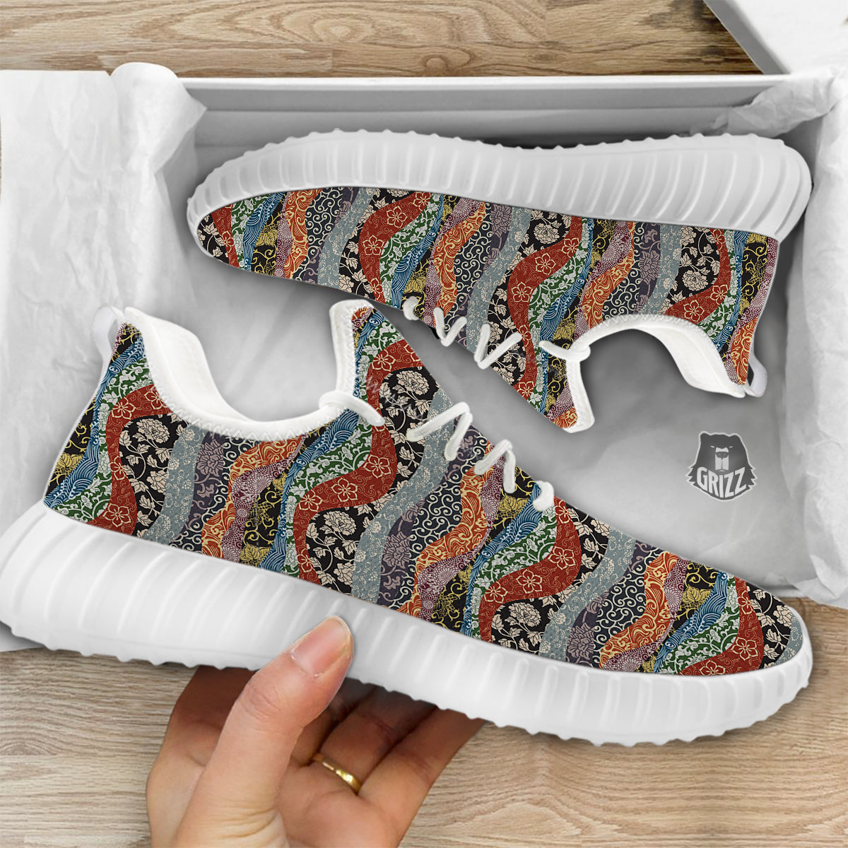 Wave Japanese Patchwork Print Pattern White Walking Shoes-grizzshop