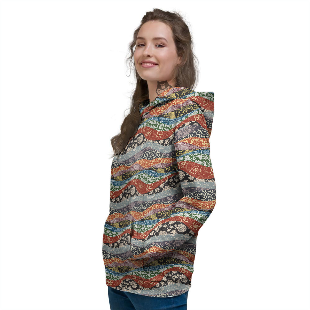 Wave Japanese Patchwork Print Pattern Women's Hoodie-grizzshop