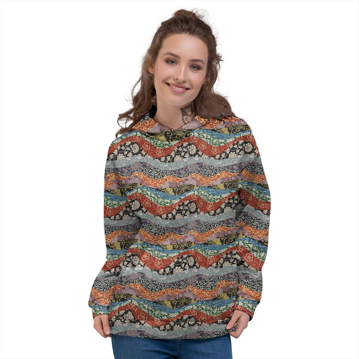 Wave Japanese Patchwork Print Pattern Women's Hoodie-grizzshop