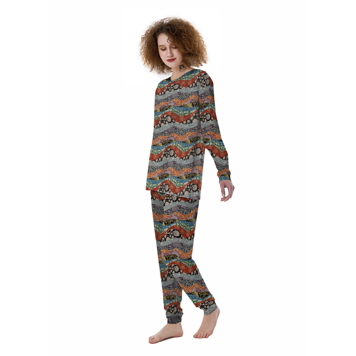Wave Japanese Patchwork Print Pattern Women's Pajamas-grizzshop