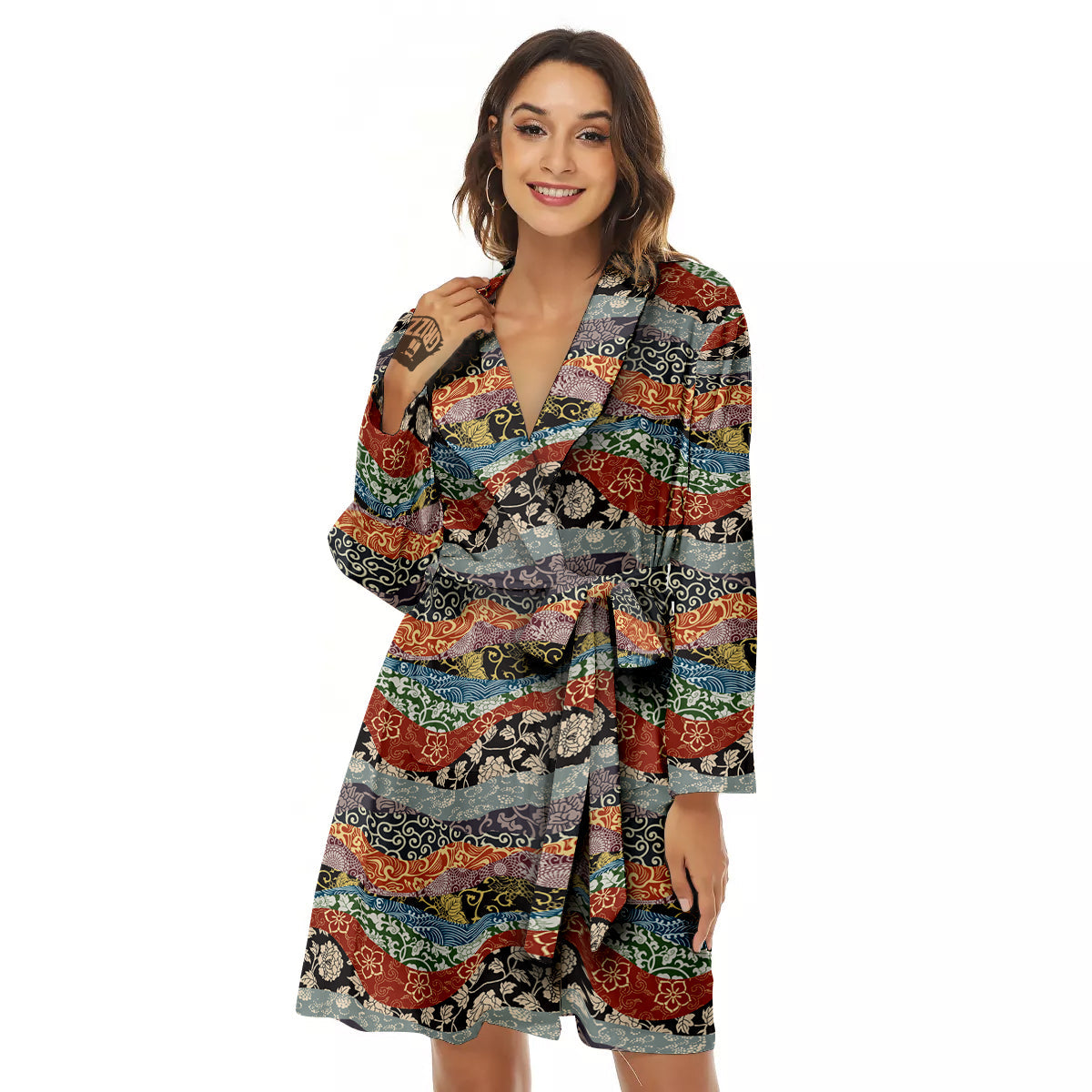 Wave Japanese Patchwork Print Pattern Women's Robe-grizzshop