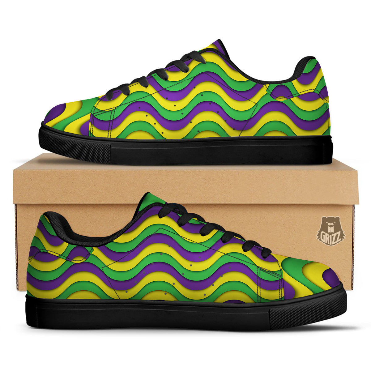 Wave Mardi Gras Print Pattern Black Low Top Sneakers-grizzshop