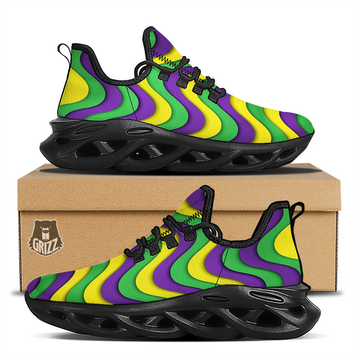 Wave Mardi Gras Print Pattern Black Running Shoes-grizzshop