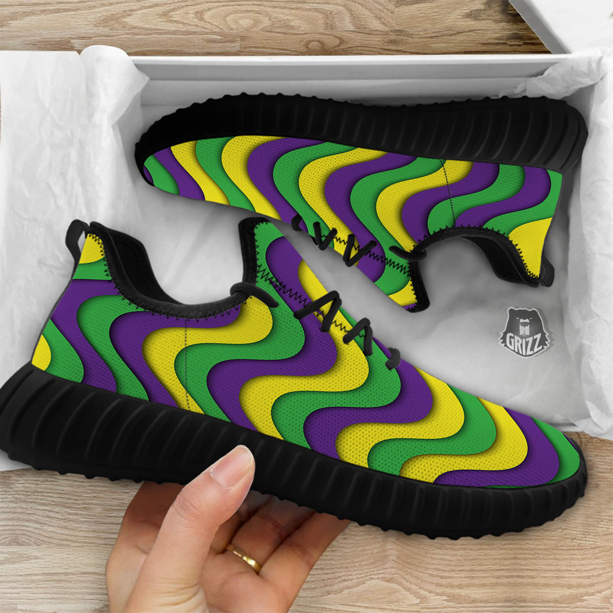 Wave Mardi Gras Print Pattern Black Walking Shoes-grizzshop