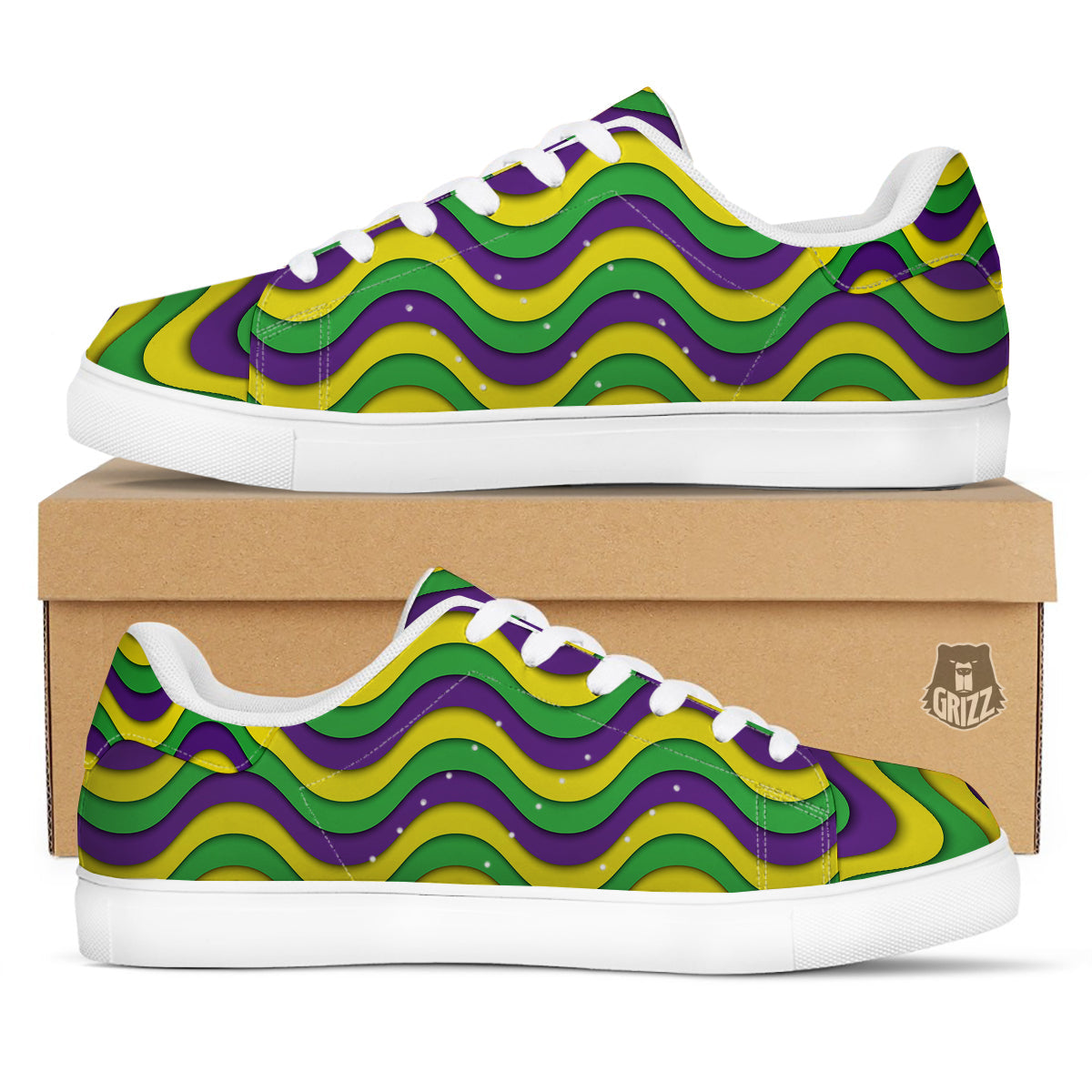 Wave Mardi Gras Print Pattern White Low Top Sneakers-grizzshop