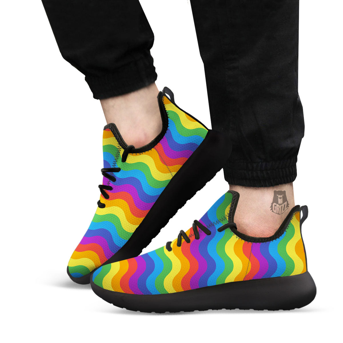 Wave Rainbow Print Pattern Black Athletic Shoes-grizzshop