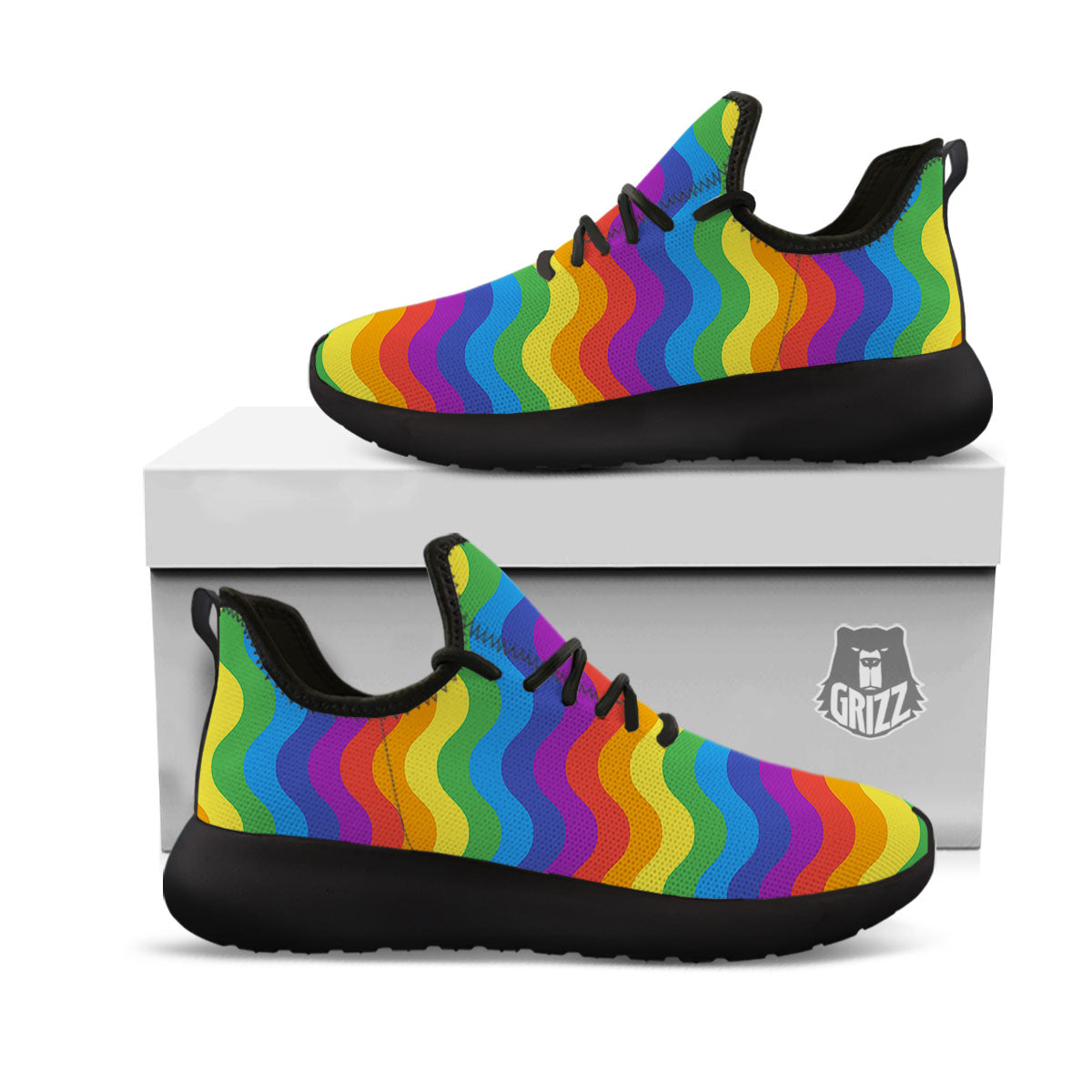 Wave Rainbow Print Pattern Black Athletic Shoes-grizzshop