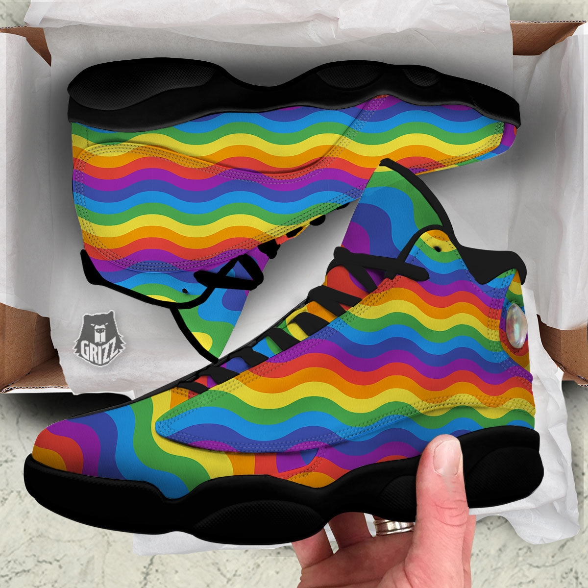 Wave Rainbow Print Pattern Black Basketball Shoes-grizzshop