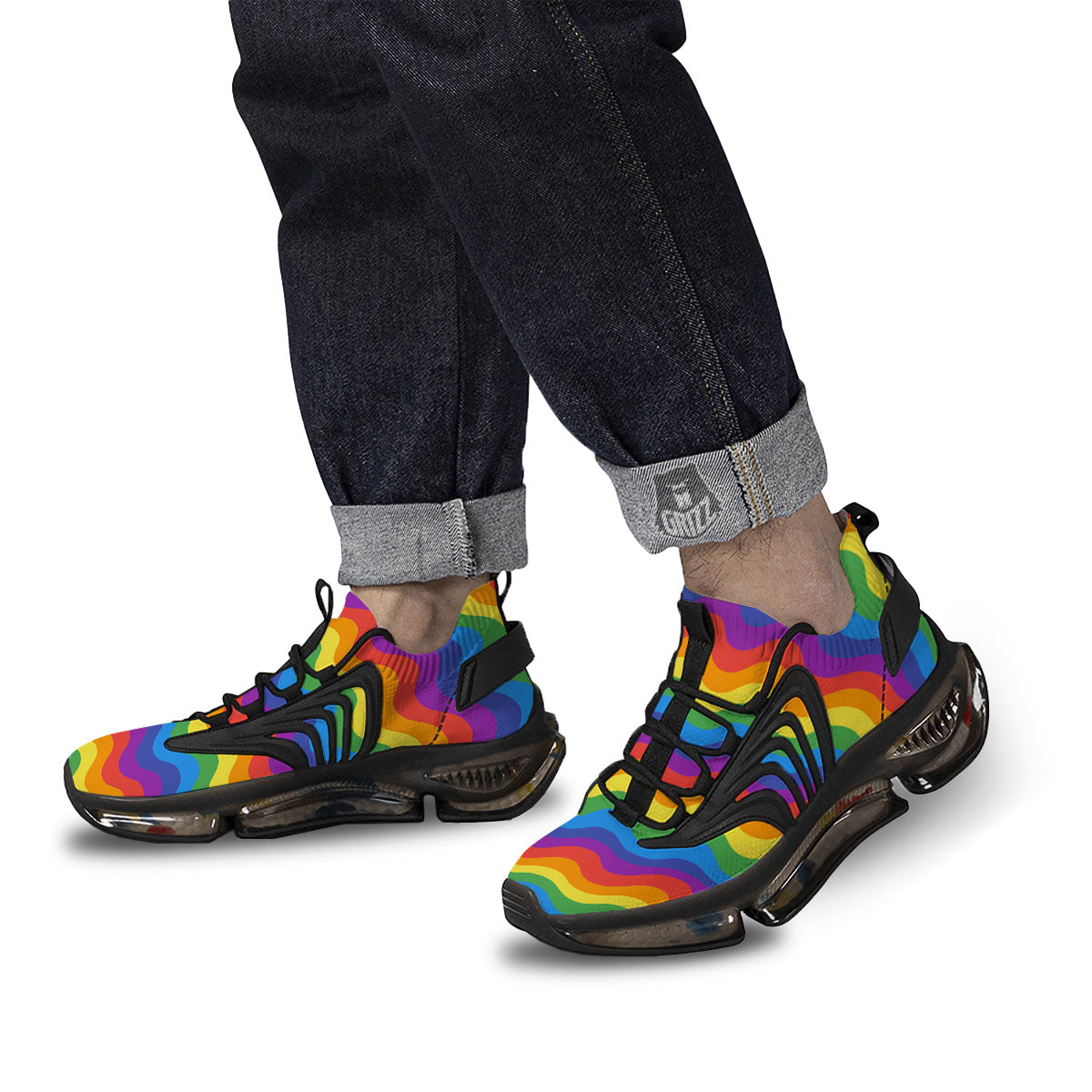 Wave Rainbow Print Pattern Black Gym Shoes-grizzshop