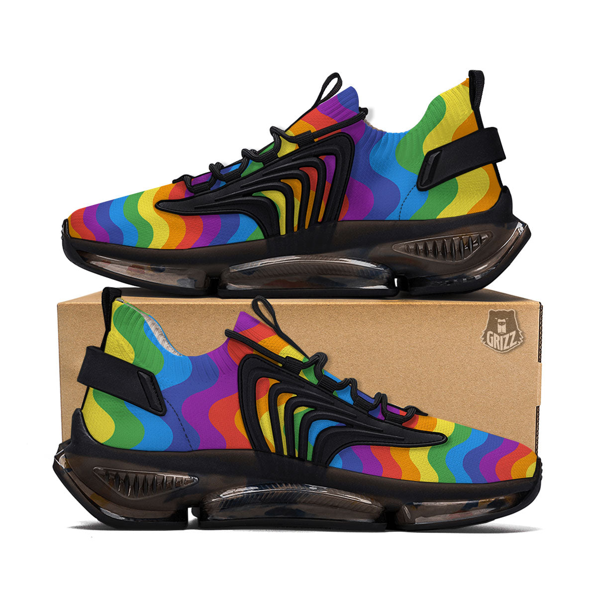 Wave Rainbow Print Pattern Black Gym Shoes-grizzshop