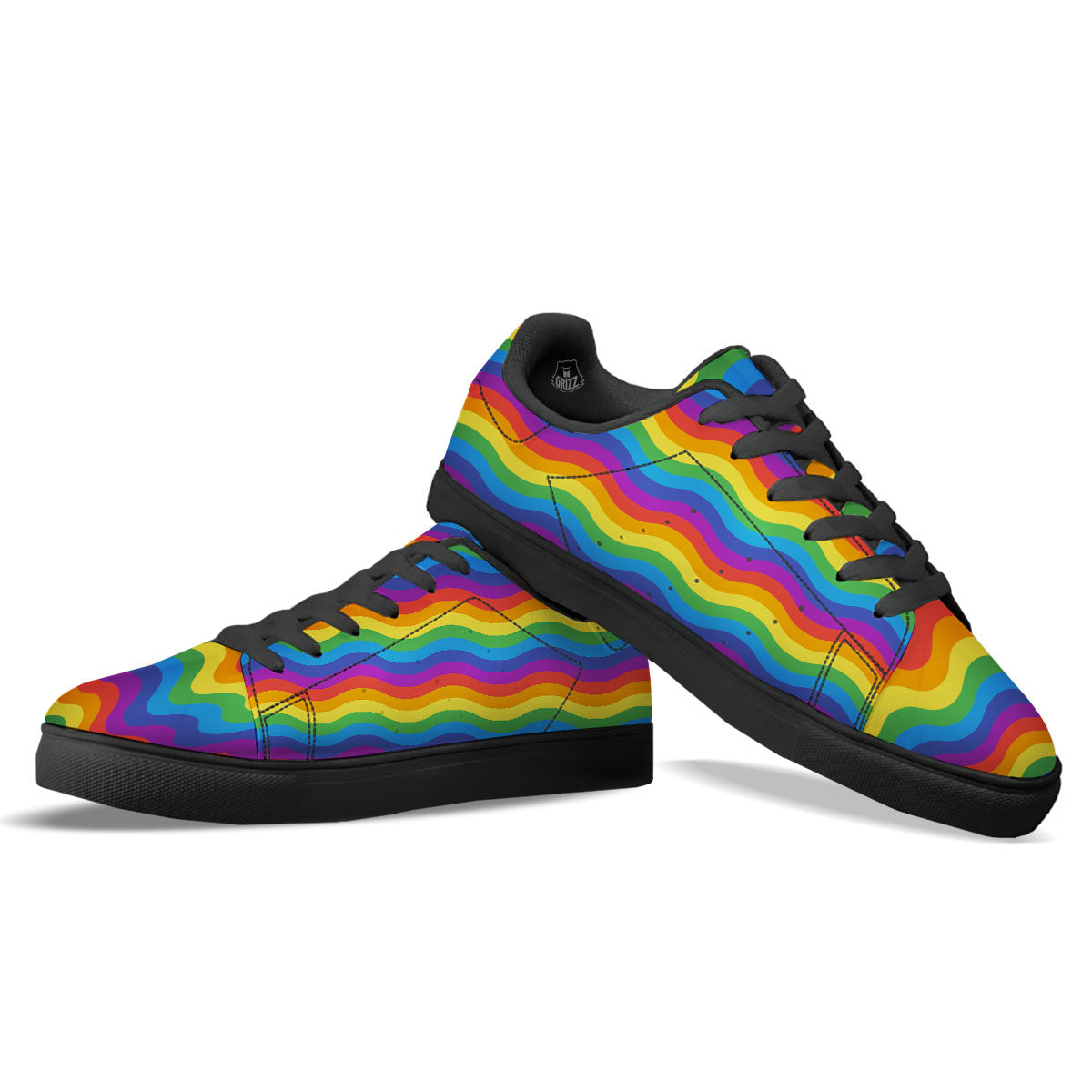 Wave Rainbow Print Pattern Black Low Top Sneakers-grizzshop