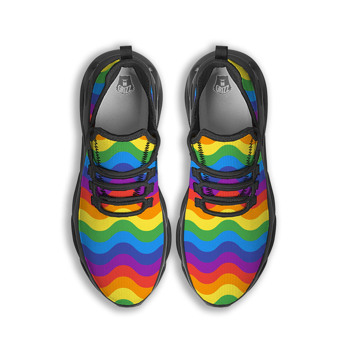 Wave Rainbow Print Pattern Black Running Shoes-grizzshop