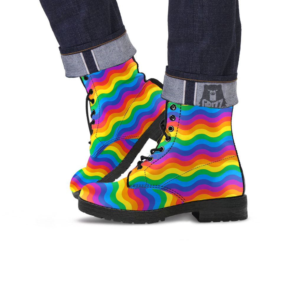 Wave Rainbow Print Pattern Leather Boots-grizzshop
