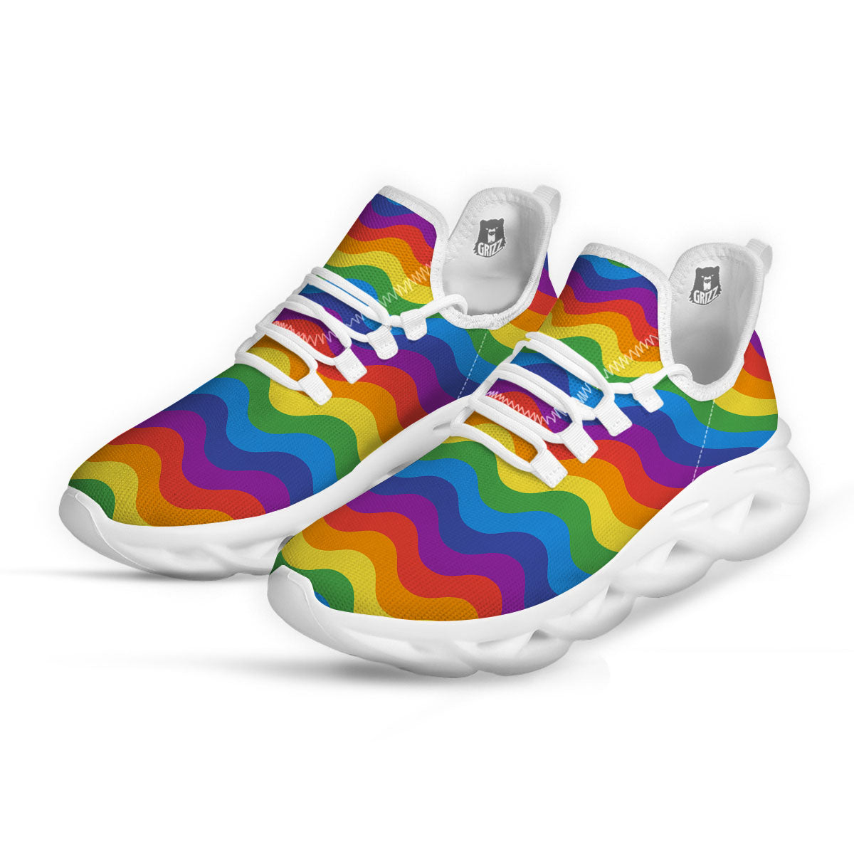 Wave Rainbow Print Pattern White Running Shoes-grizzshop