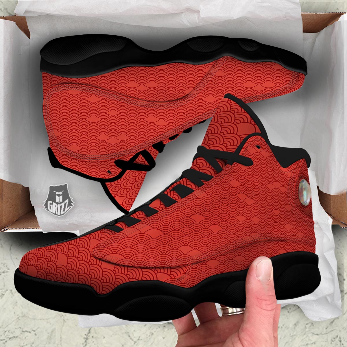 Wave Red Japanese Print Pattern Black Basketball Shoes-grizzshop