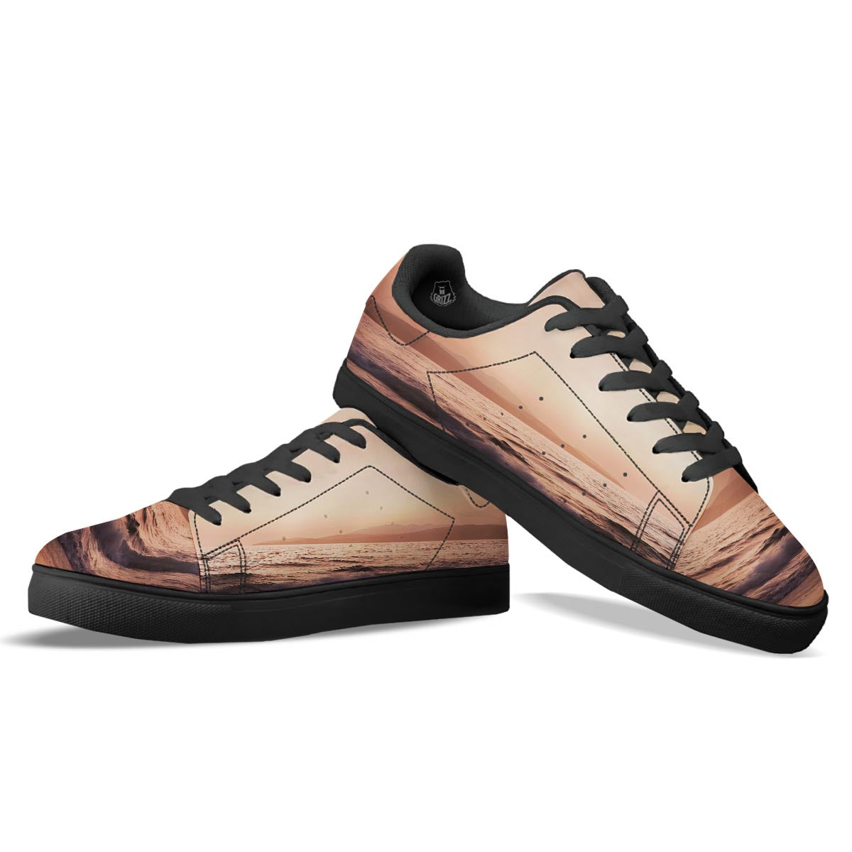 Wave Sunrise Print Black Low Top Sneakers-grizzshop
