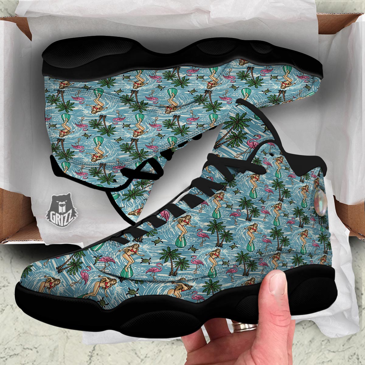 Wave Surfing Print Pattern Black Basketball Shoes-grizzshop
