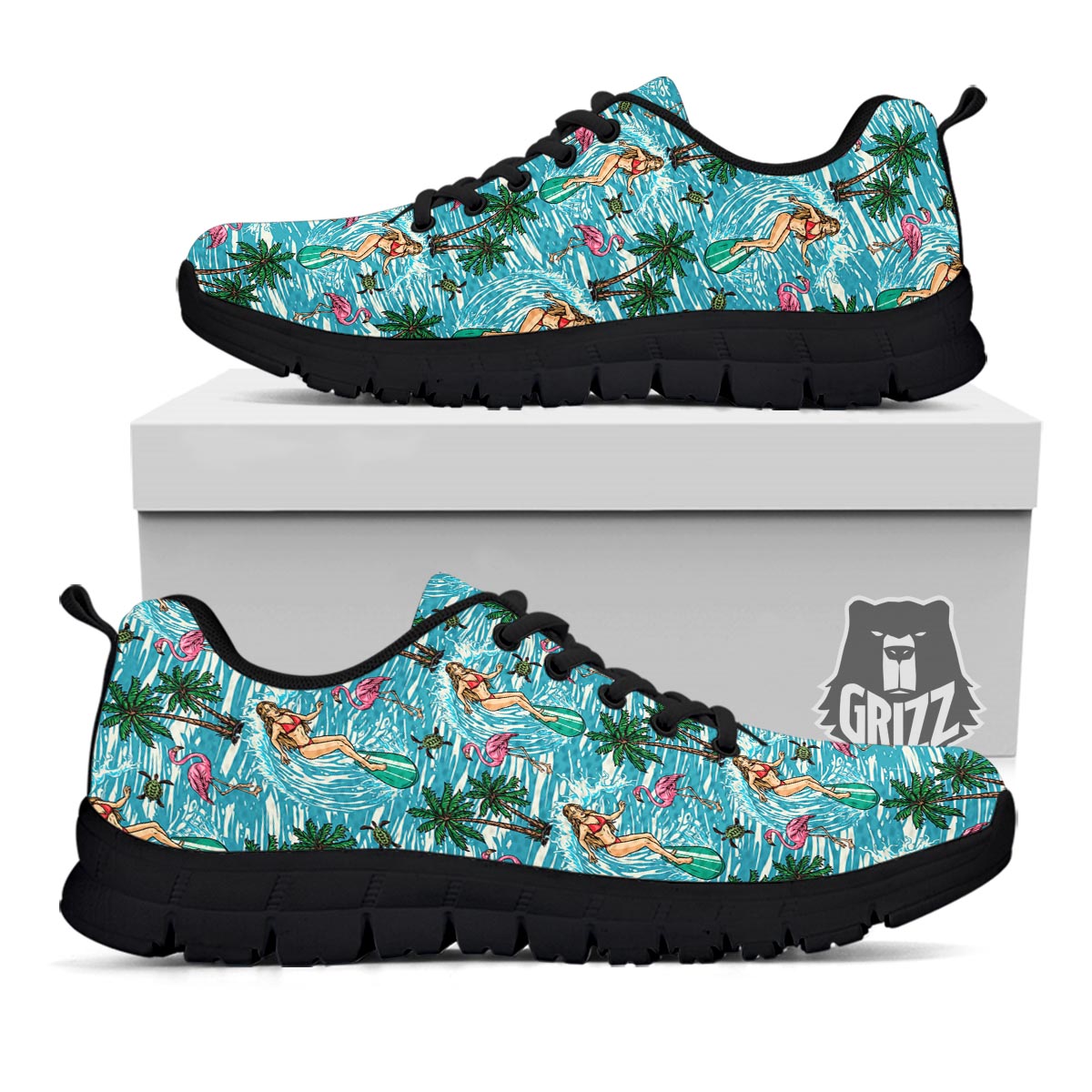 Wave Surfing Print Pattern Black Sneaker-grizzshop